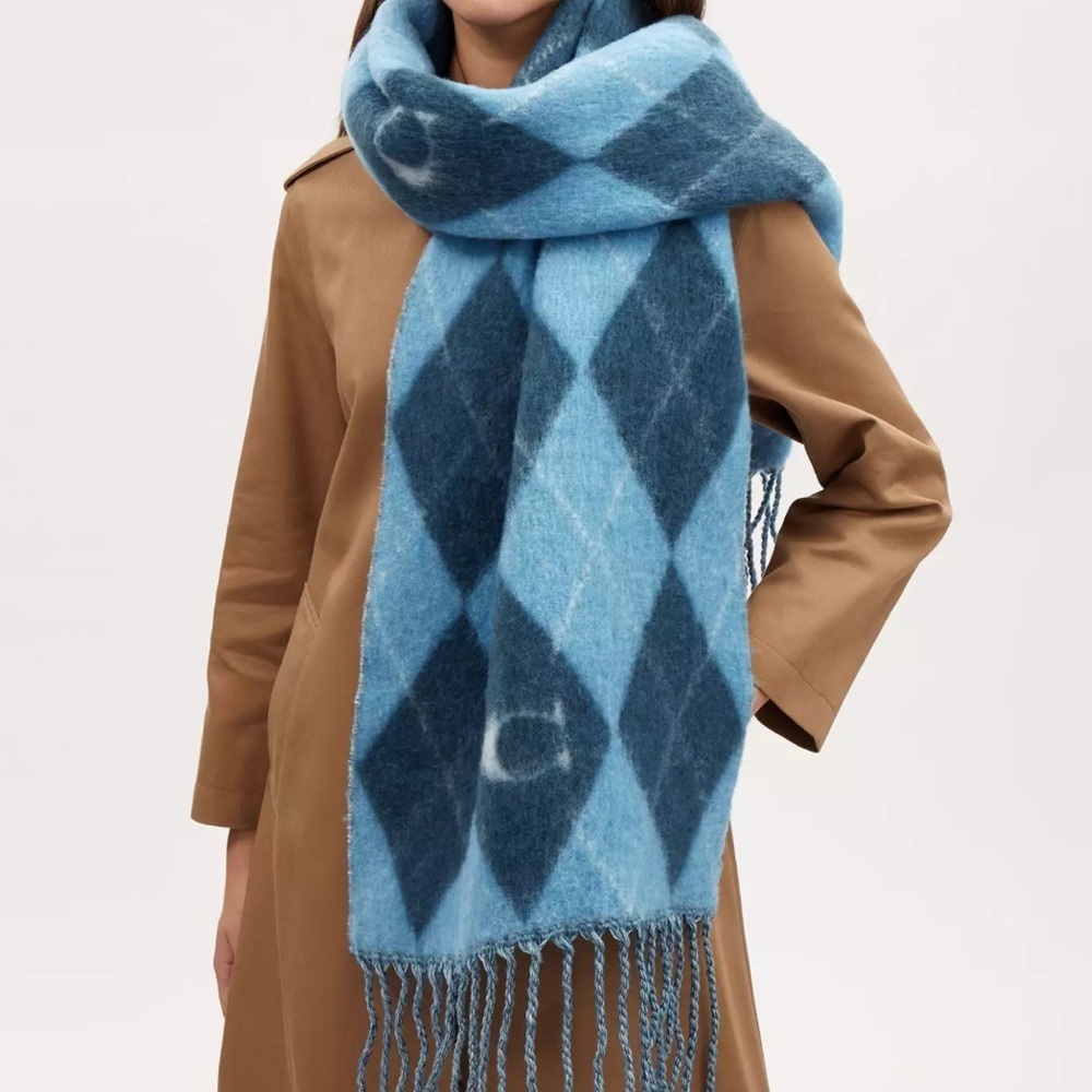 Coach Argyle Wool Scarf Muffler Oversized Blue Preppy Warm Old Money NWT